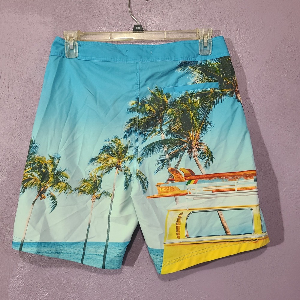 UZZI Mens Swim Trunks Board Shorts Palm Tree‎ Surf Van Graphic Blue Size L - Picture 3 of 8